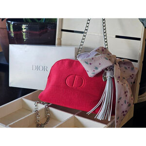 Christian Dior Red Clutch w/Crossbody Chain, Charms & Twilly Added NWOT